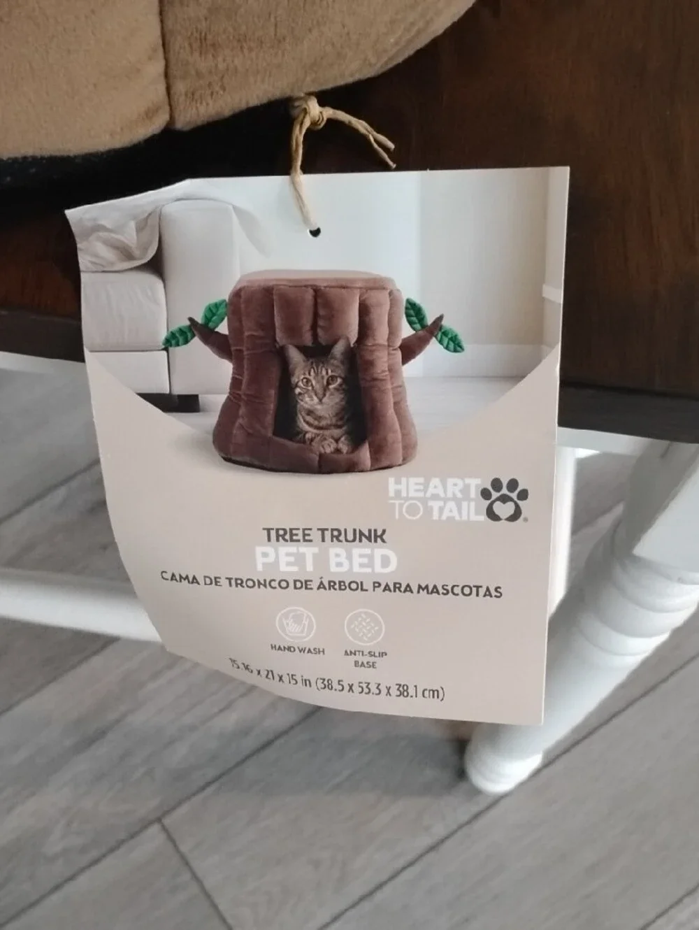 Plush Brown Tree Stump Cat Bed with Green Leaf Accents